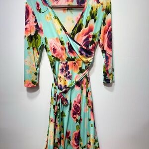 Pinkblush Green and Pink Midi Wrap Dress Tie Front V-Neck